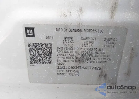 2017 Chevrolet Sonic Lt Auto из США, поврежденный, VIN 1G1JD5SH3H4177485